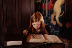 A young girl deeply engaged in reading a spellbook, embodying a magical and thoughtful atmosphere.